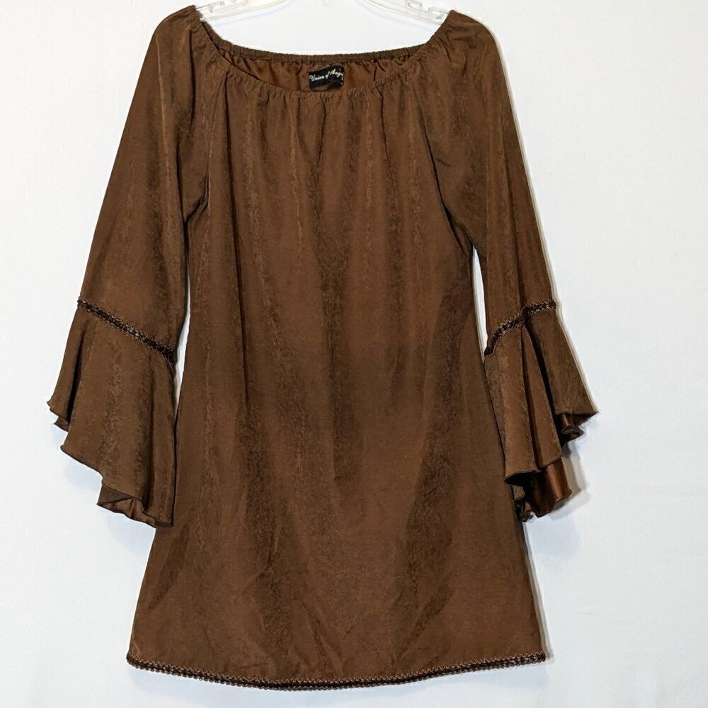 UNION OF ANGELS Brown Faux Suede A-Line Dress; 3/4 Sleeves w Lace Trim; Size S
